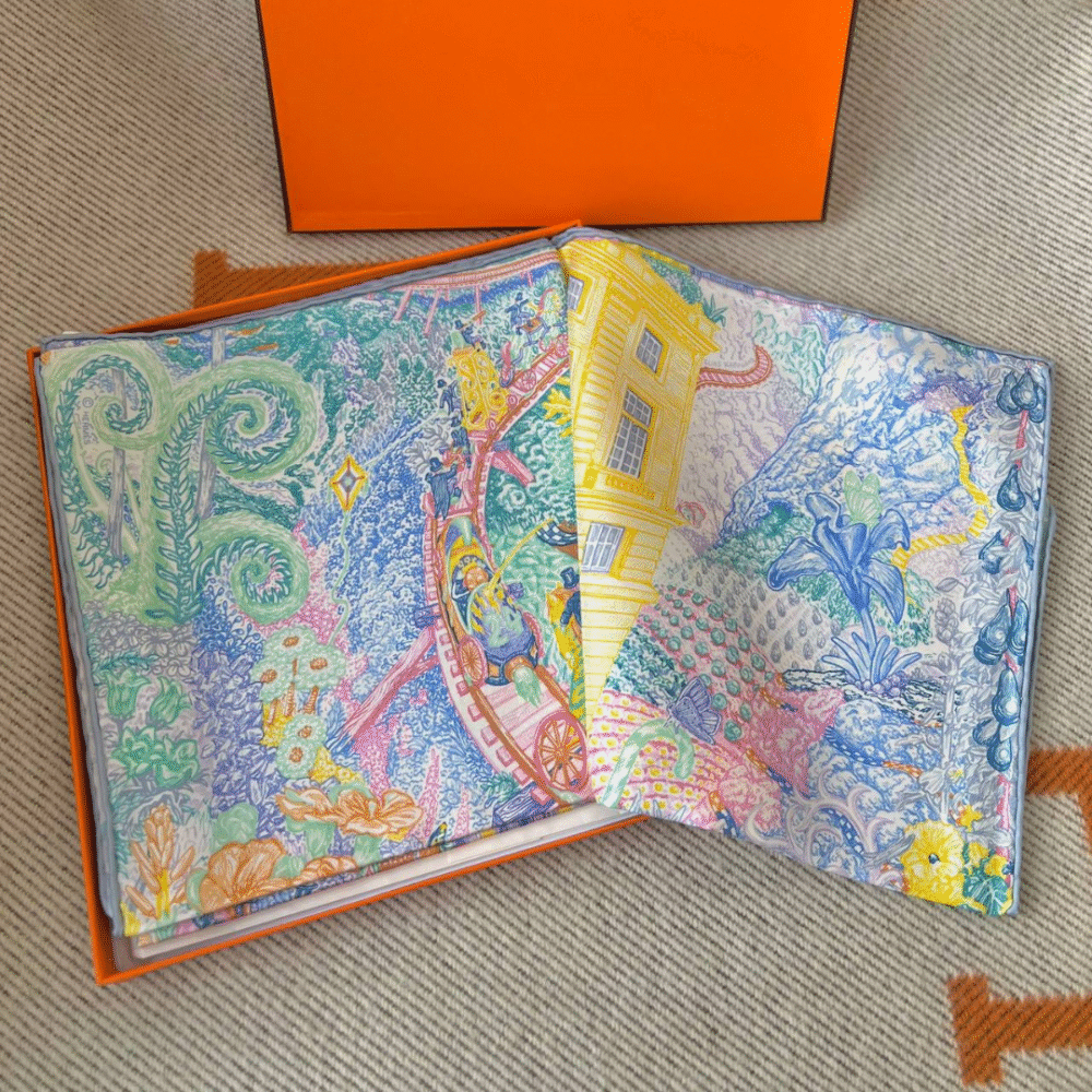 Les Folies Du Faubourg 90 Silk Scarf Rose _ Bleu _ Vert