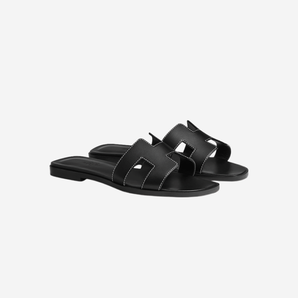Oran Box Calfskin Sandals, Black