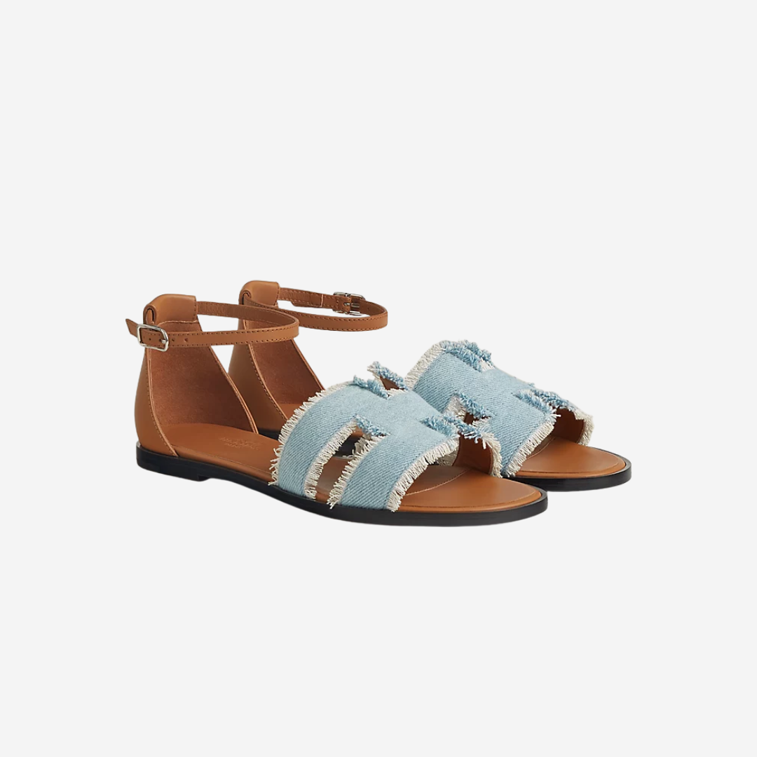 Santorini Denim Fringe and Calfskin Sandals Bleu Clair Naturel (1)