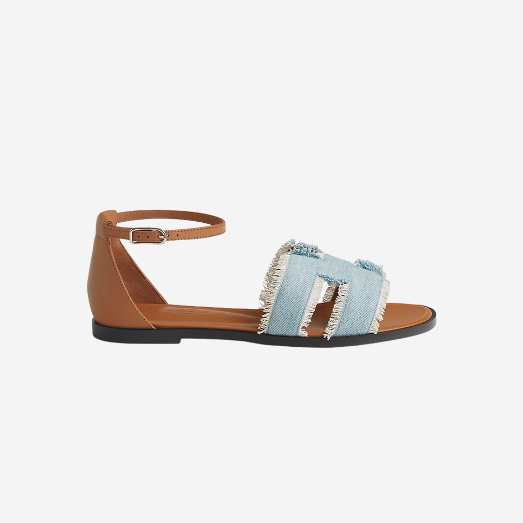 Santorini Denim Fringe and Calfskin Sandals Bleu Clair Naturel
