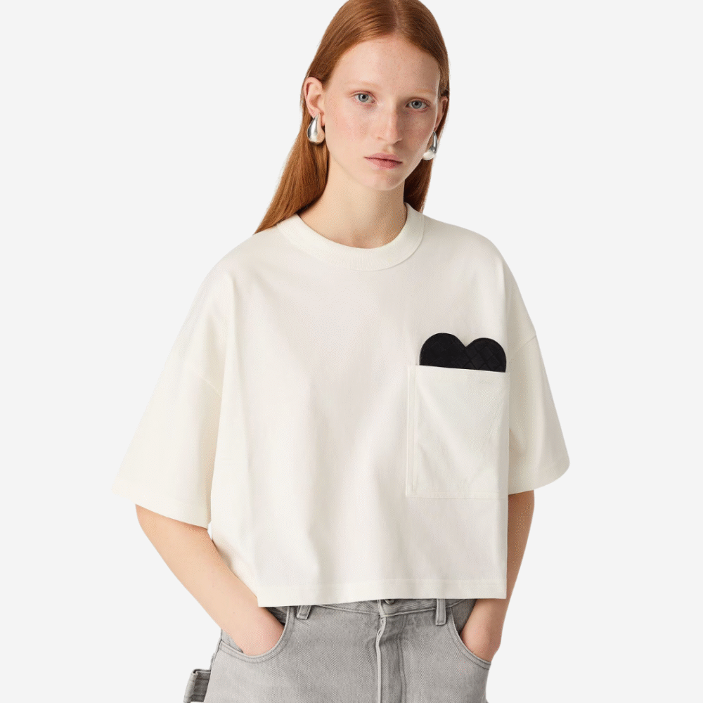 BOTTEGA VENETA Detachable intrecciato leather heart cropped tshirt ( WOMEN )Chalk