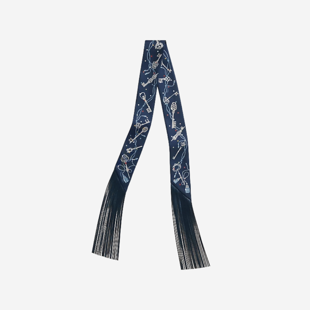 Jumping Leather Fringes Twilly in Bleu Marine / Gris argent / Multicolore Les Cles a Pois Twilly Rare Metalic leather – shiny