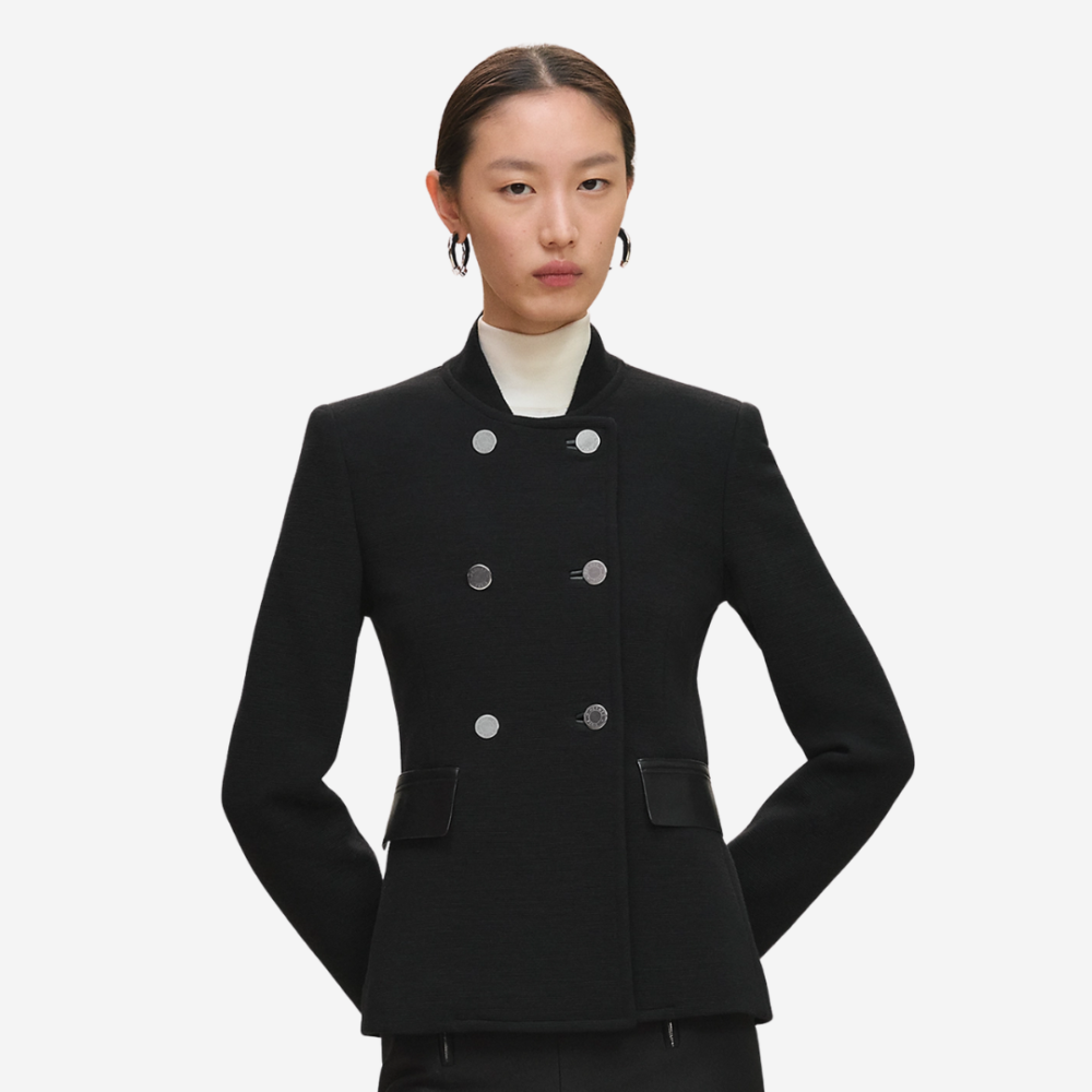 Hermes Short Pea Coat With Leather Details Noir Black