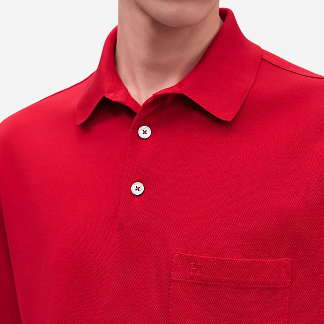 Hermès H Embroidered Buttoned Polo Shirt Rouge Vif Red | Oasisalmuna