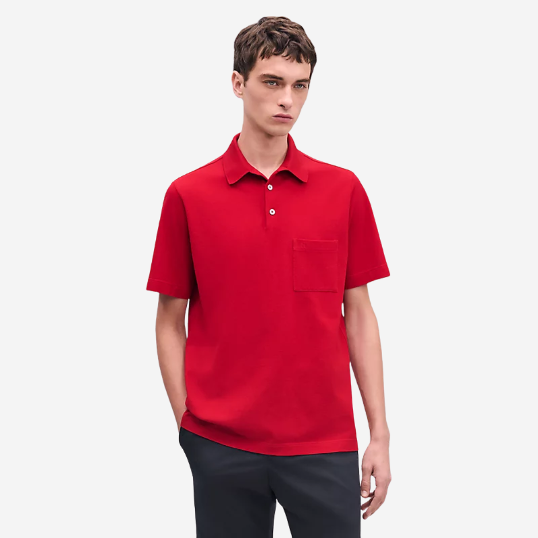 Hermès H Embroidered Buttoned Polo Shirt Rouge Vif Red | Oasisalmuna
